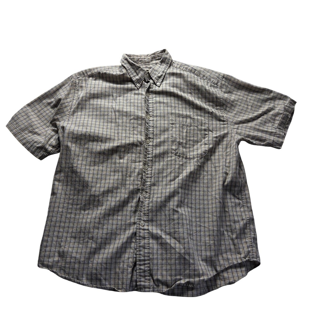 Eddie Bauer Mens XL Short Sleeve Button Down Shirt Tan Blue Plaid 100% Cotton